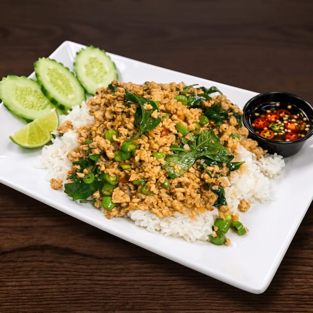 Pad Kra Pao Lad Kao (Thai Basil Stir Fried Over Rice).